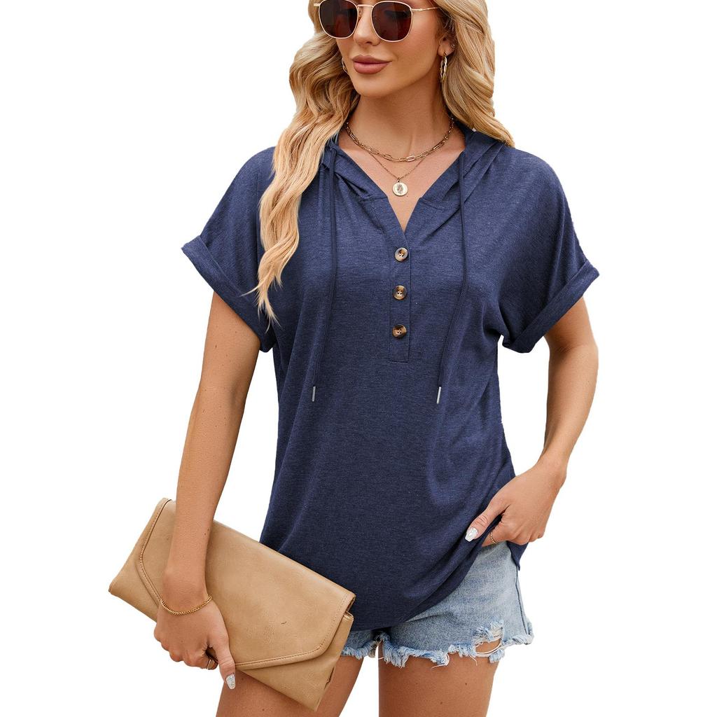 2026 Solid Color Hooded Button Loose Women's Short Sleeved T-shirt Top