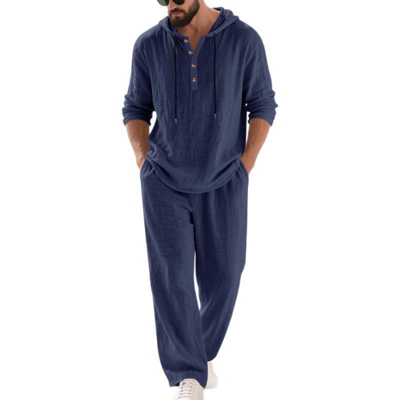 Men's Linen Hooded Long Sleeve and Pants Casual Home Wear Set - Spring/Autumn 2026 Collection