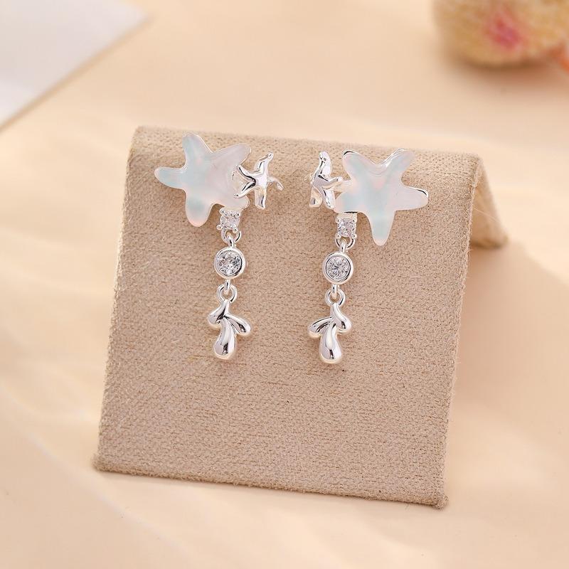 S925 Sterling Silver Blue Starfish Dangle Earrings Shiny Zircon Ocean Style Drop Earrings Sweet Fresh Women Daily BeachJewelry