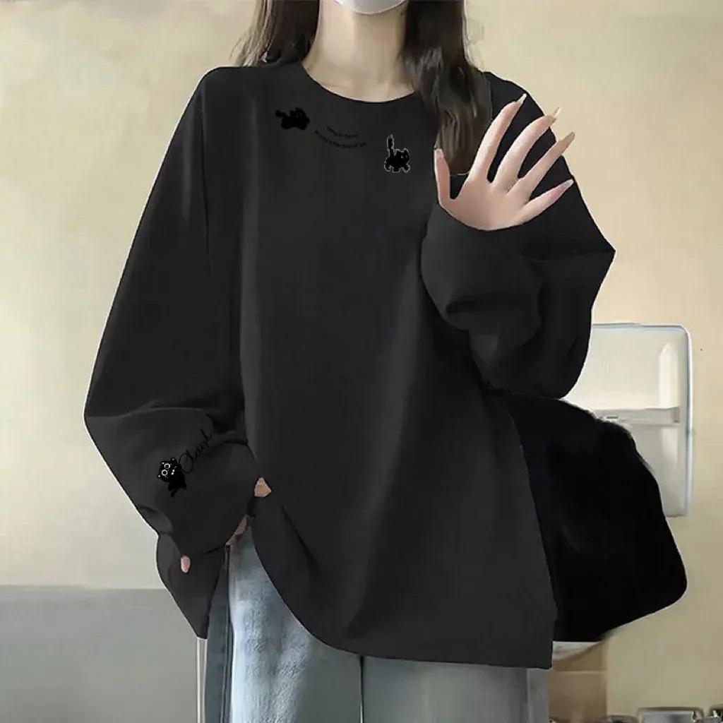 Women's Plus Size Pure Cotton Long Sleeve T-shirt, College Style, Round Neck, for Spring and Autumn