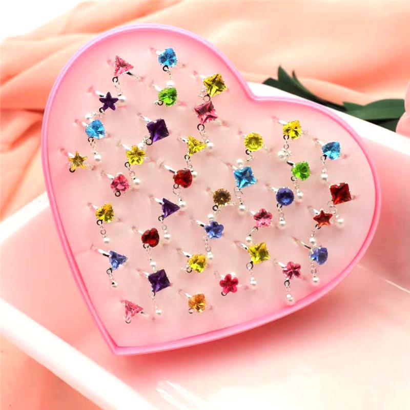 36-Piece Colorful Heart-Shaped Diamond Gemstone Rings for Girls' Birthdays
