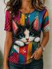 Women's Summer Round-Neck Casual T-Shirt: Artistic Short-Sleeve T-Shirt with Abstract Line Dog Print Minimalist Streetwear Top