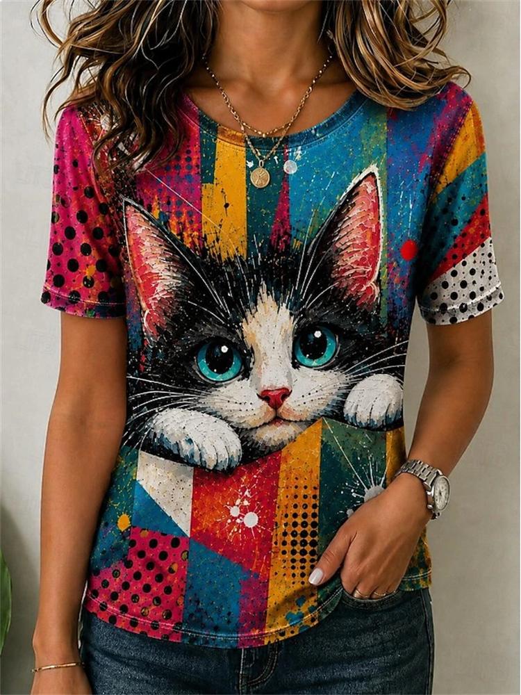 Women's Summer Round-Neck Casual T-Shirt: Artistic Short-Sleeve T-Shirt with Abstract Line Dog Print Minimalist Streetwear Top
