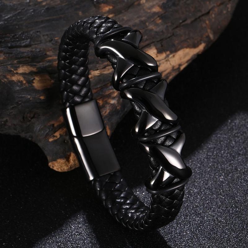 Men's Fashion Black Woven Leather Inlaid Cross Hidden Safety Buckle Business Casual Gift Men Bracelet BB1331