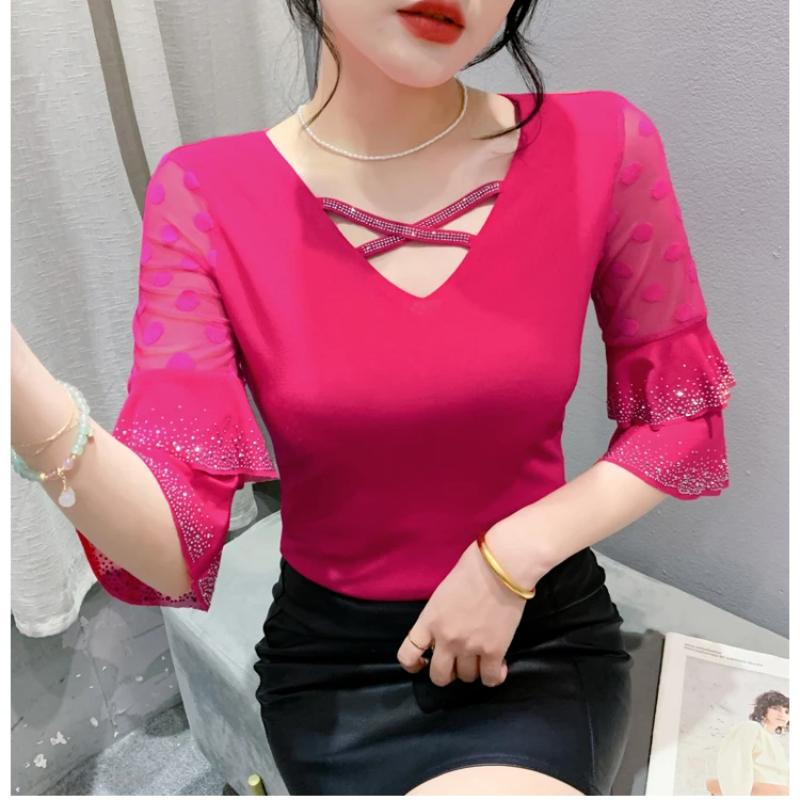 Summer European Clothes New Sexy V-neck Mesh T-shirt Hot Diamonds Women's Tops Fashion Flare Sleeve Tees