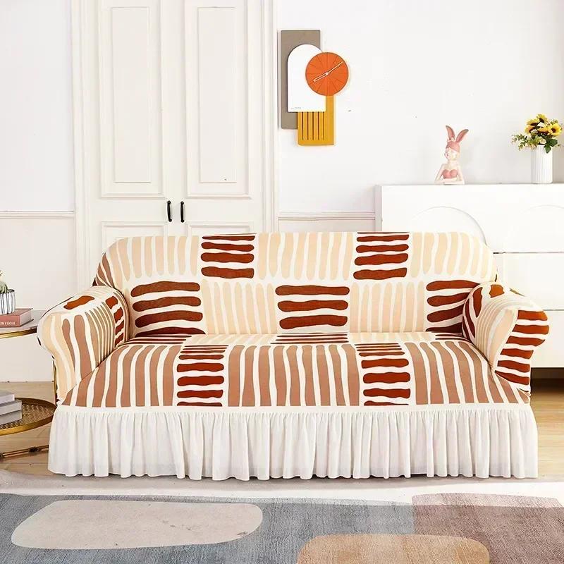 Geometric Pattern Patterned Sofa Bed Ruffled Skirt Cover Folding Flexible Sofa Bed Covers Contemporary Flexible Couch Protectors For Banquet Hotel