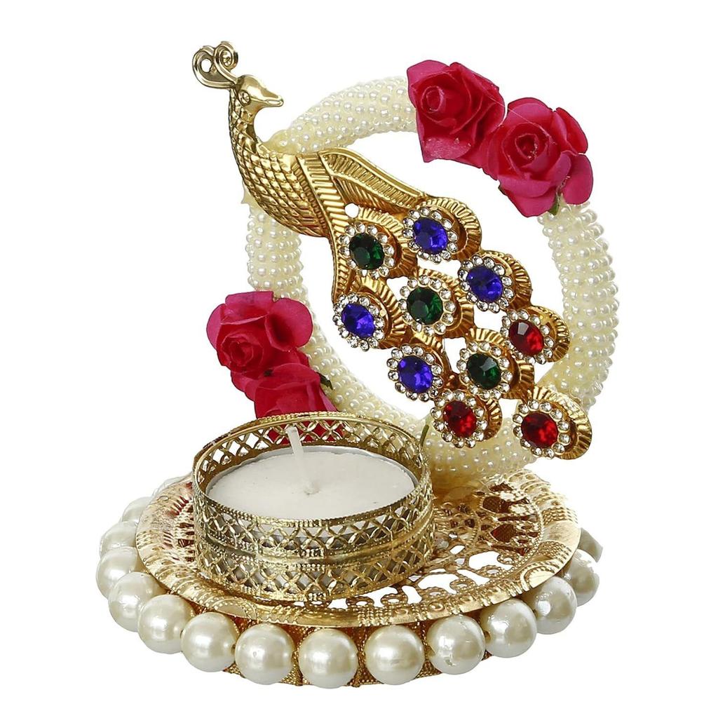 Metal Peacock Floral Decorative Tea Light Candle Holder for Diwali, Navratri, Ganesh Chaturthi, Christmas, New Year