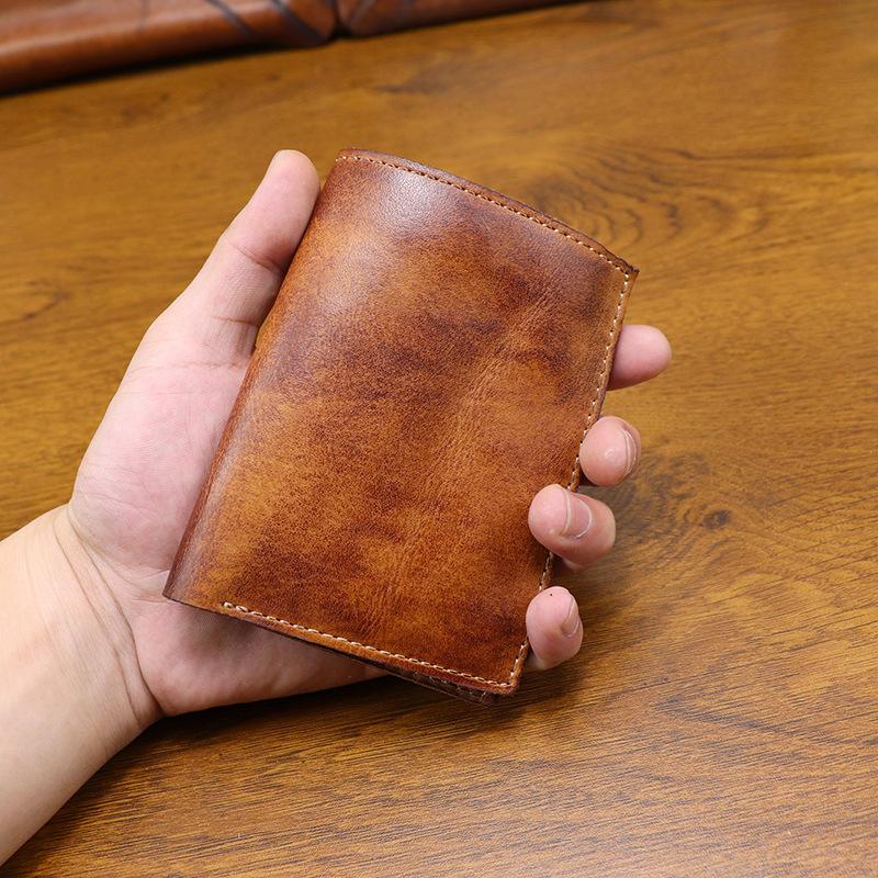 Handmade Distressed Genuine Leather Men's Wallet with Multiple Card Slots, Short Style, Top Layer Cowhide, Vintage Large Banknote Wallet