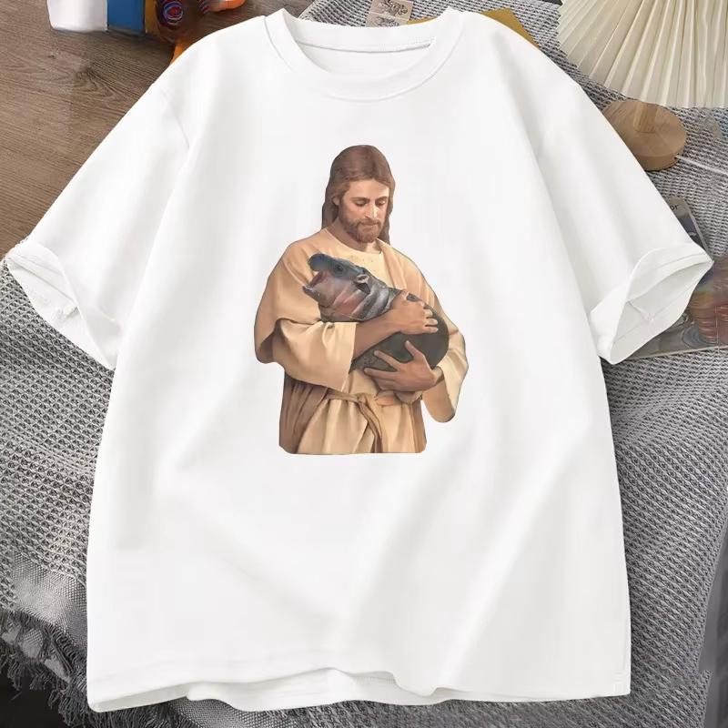 

Funny Meme Jesus Holding Moo Deng T Shirt Women The Hippo Joke Moo Dang Lover Thailand Tshirt Short Sleeve Tees M