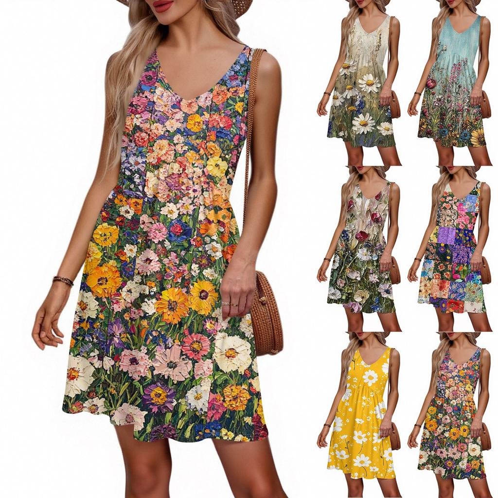 Abito da donna estivo scollo a V casual da vacanza al mare con stampa floreale retrò, senza maniche, patchwork