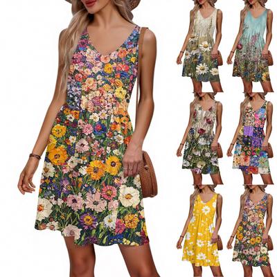 Women's Summer V-neck Casual Beach Vacation Retro Floral Print Sleeveless Patchwork Dress