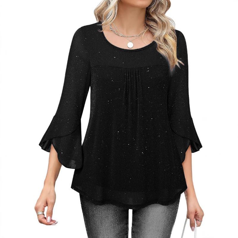 Popular Summer Three-quarter Sleeve Shirt Pleated Bell Sleeves Round Neck Mesh Top