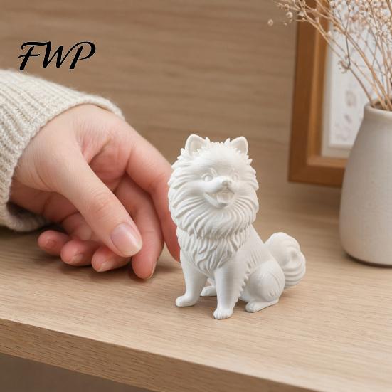 Versatile Home Style Accessory 3D Printed Cute Pomeranian Dog Figurine, White Twisting Head Puppy Statue, Small Sculpture Desktop Ornament for Office