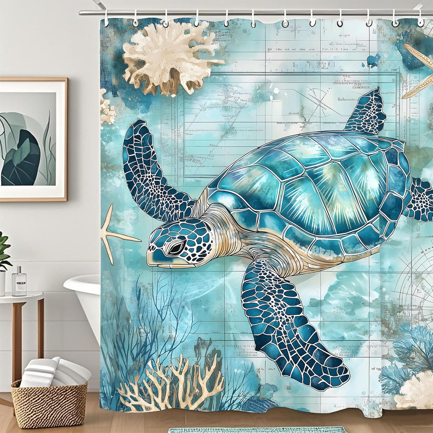 

Sea Turtle Blue Ocean Starfish Shower Curtain,Bathroom Shower Curtains Bathtub Home Decor Waterproof Fabric Machine Washable Wit W60H190(CM)-1 Pcs