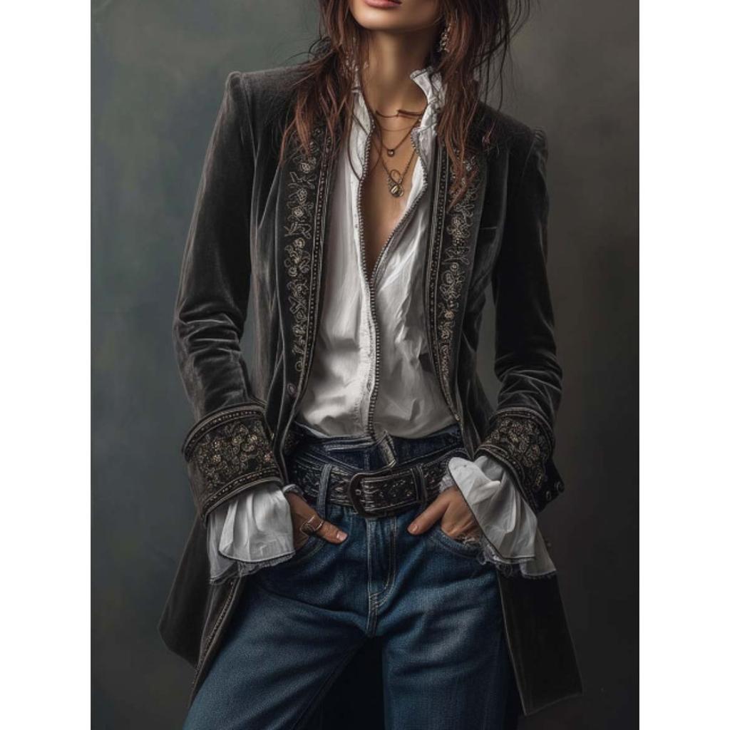 Women Embroidered Velvet Blazer Long Sleeve Open Front Cardigan Elegant Vintage Outerwear