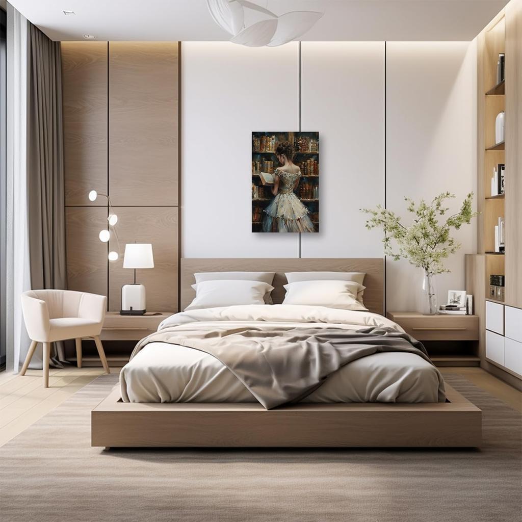 PBXBJY Vintage Female Canvas Wall Art Girl Reading Book Pictures Retro Women Painting Print Classroom Bedroom Gallery Girls Room Decor Frame (24L X