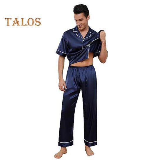 2-teiliges Pyjama-Set für Herren aus Seidensatin mit Reverskragen und Button-Down-Pyjamaoberteil mit Brusttasche, elastischer Bund und Hose, Nachtwäsche