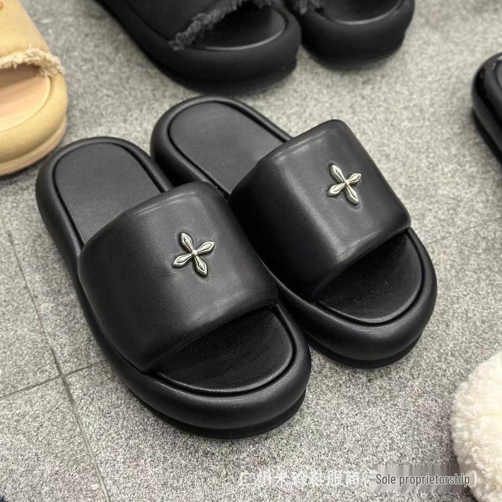 2024 High-Version SMF-K Fur Slippers: Thick-Soled Leather & Velvet Cross Design in Black/Gray
