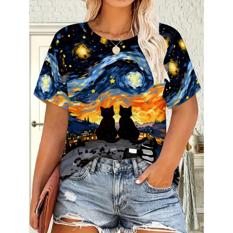 Fashion Women's Crew Neck Short Sleeve 3D Casual Color Printing Casual Short Sleeve Crew Neck T-Shirt