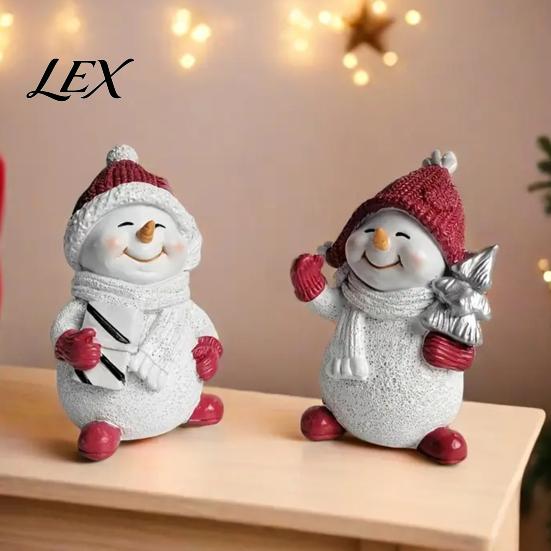 Snowman Collectibles for Christmas 2Pcs Figurine, Cute Tabletop Decor, Resin Snow Statue with Gifts Knit Hat Scarf Home Mantel Window Holiday