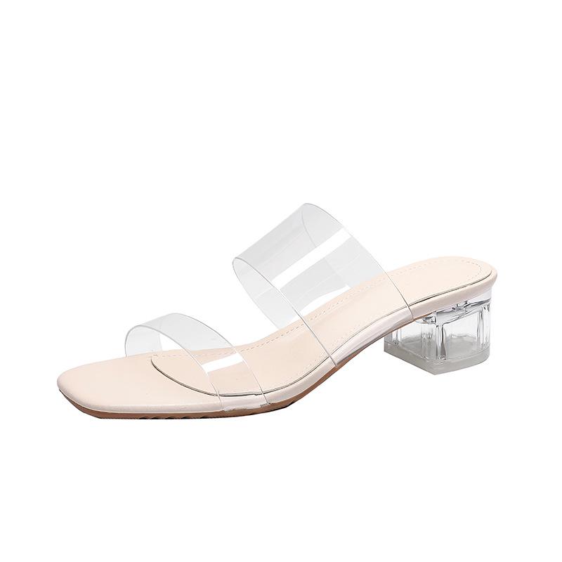 

2025 Women s Genuine Leather Sheepskin One-Strap Transparent High Heel Sandals with Chunky Crystal Heel Size 33