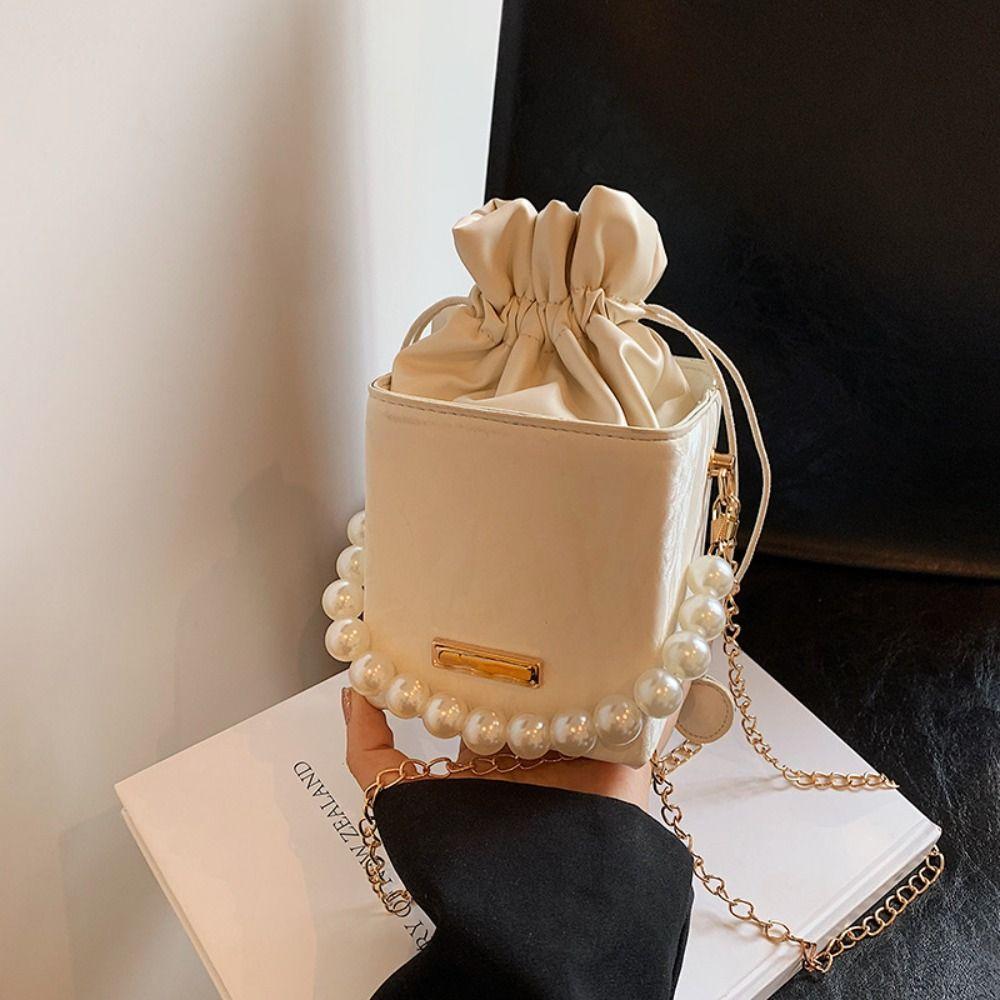 Square Drawstring Crossbody Bag Pearl Luxury Shoulder Bag Trendy Women Bucket Bag  Outdoor