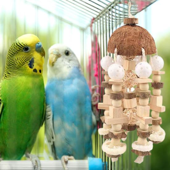Parrot Chew Toy Coconut Shell Hanging Toy Natural Wooden Blocks Parrot Cage Bite