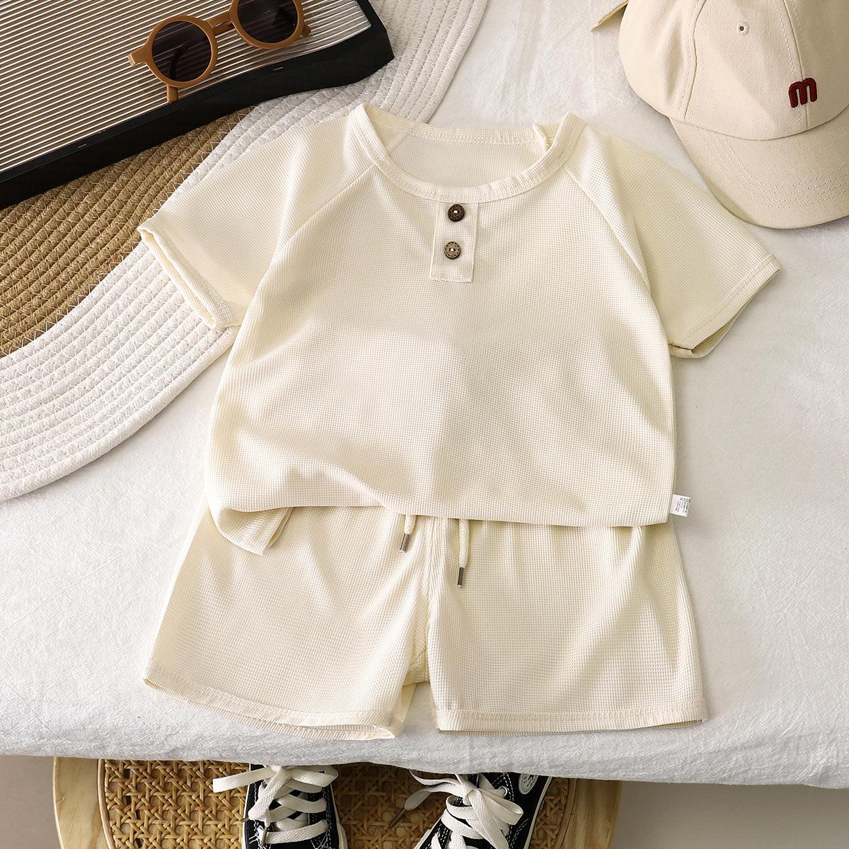 

Children s short-sleeved suit, summer new style, boys waffle shorts, baby casual wear, 2025 summer style, two-piece children s clothing 80cm білий