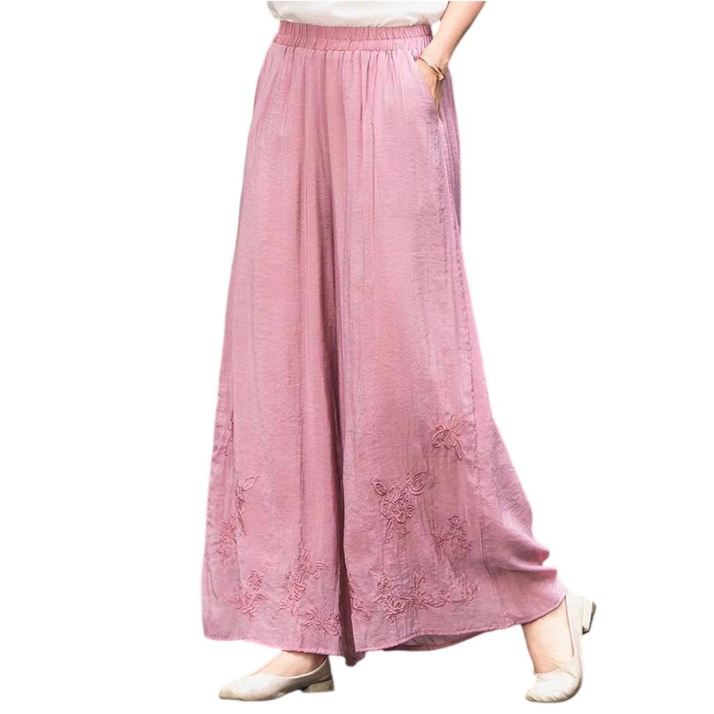 Pantaloni Casual da Donna alla Moda in Cotone e Lino Ricamati a Doppio Strato con Gamba Dritta