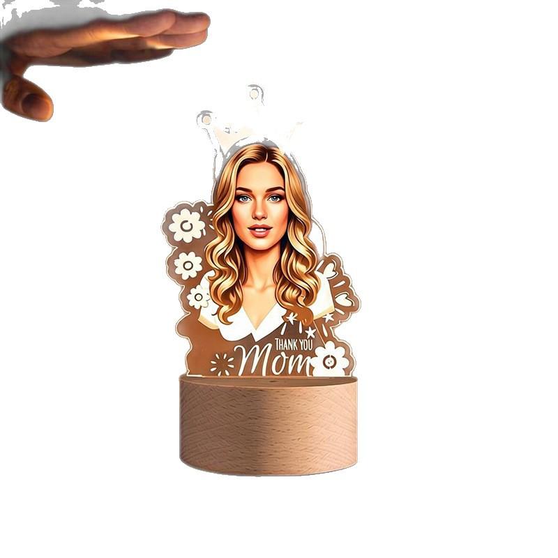 Photo Acrylic Night Light Custom Picture LED Lamp with Wooden Base for Mother's Day Father's Day Birthday Gifts Home Decor