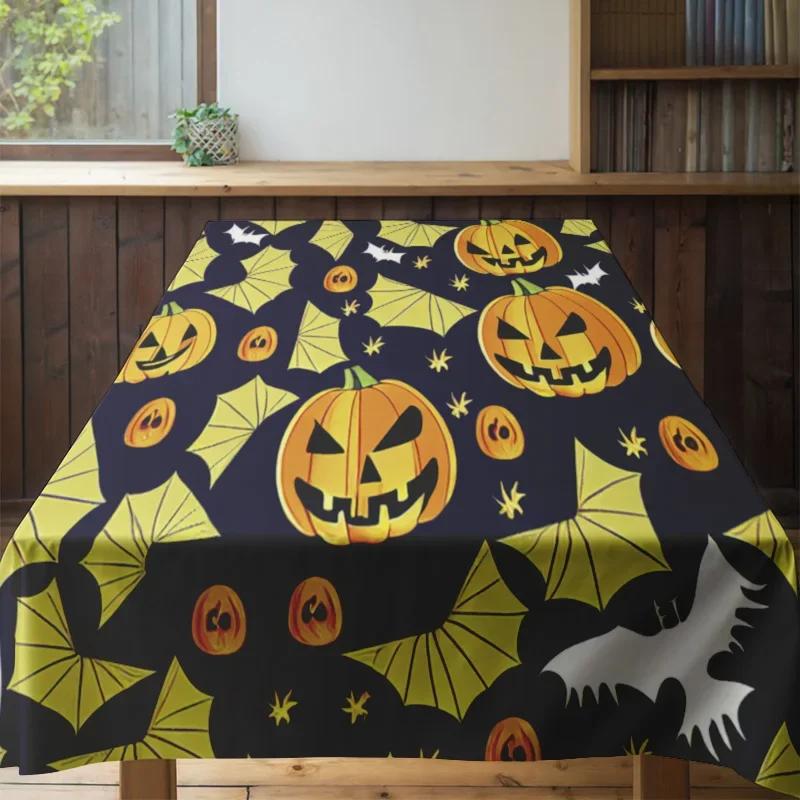 Spooky Pumpkin Bat Halloween Tablecloth Design for Kitchen Dining Room Decor – Washable Polyester Fabric Reusable Decoration