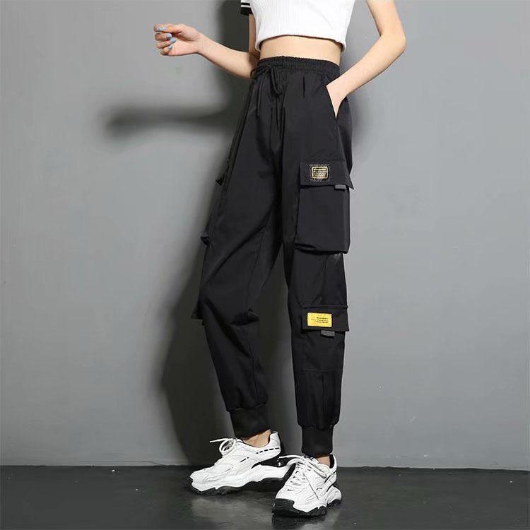 

Брюки-карго Danmo, женские уличные брюки в стиле хип-хоп, брюки для бега, повседневные брюки-шаровары до щиколотки, брюки с эластичной резинкой на талии, большие размеры M чёрный