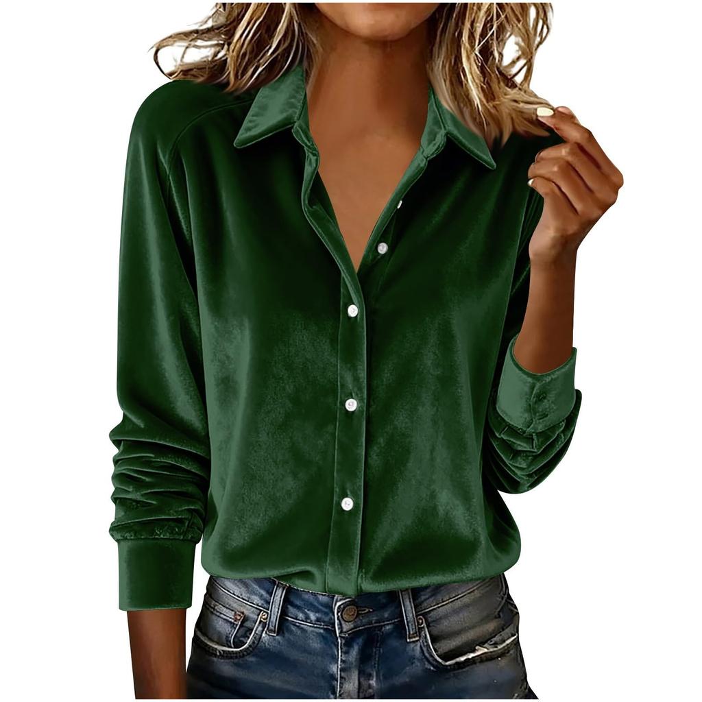 Women's Fashionable Color Lapel Long Sleeved Casual Loose Gold Velvet Shirt Top