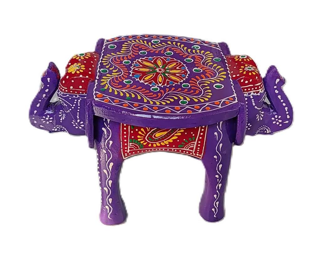 Two-Headed Wooden Elephant Stool  Blue Painted Mini Table