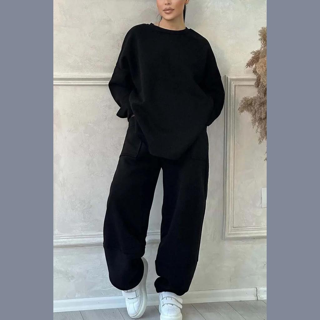 Women Two Piece Pant Sets Women Full Sleeve Sweatshirts Round Neck Straight Long Pants Suits Solid Spliced Thick Autumn Winter