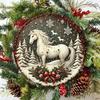 Vintage White Horse Metal Round Sign Christmas Wreath Wall Art Farmhouse Home Office Decor