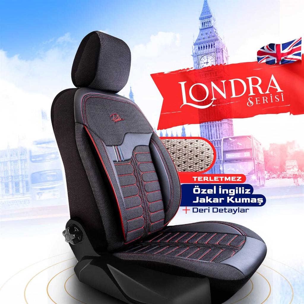 LONDRA SERİSİ İNGİLİZ ÖZEL JAKAR KUMAŞ OTO KOLTUK KILIF Kırmızı Siyah Nefes Alabilir Kumaş