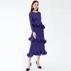 Women's 2025 Spring Miyake Ruffled Long-Sleeve Lace-Up Dress, Medium-Length, Slim Fit, Pleated Bottom Skirt.