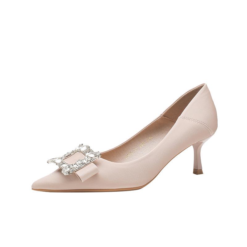 

H579-11 sheepskin pad 5CM thin heel high heels women s pointed rhinestone square buckle fashion shoes spring and summer new women s shoes 34