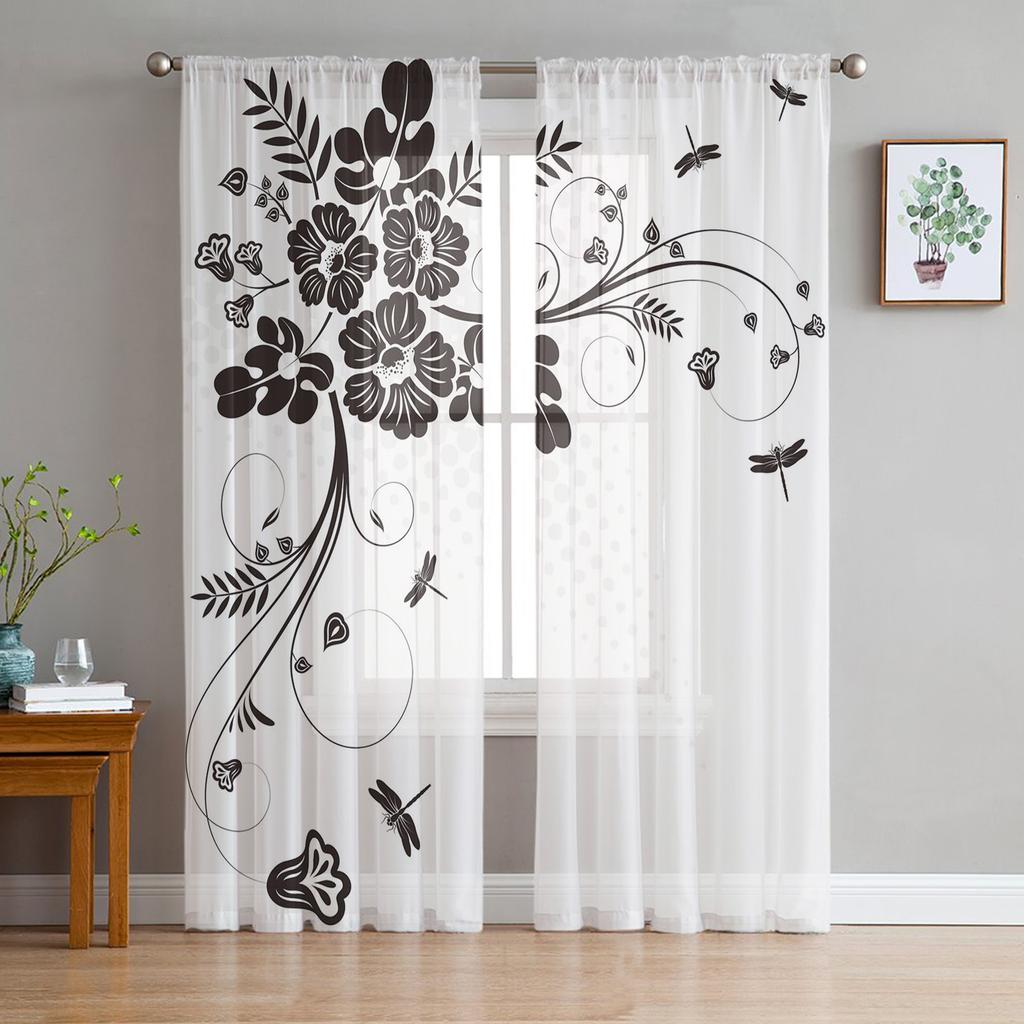 Tulle Curtains Dragonfly Branches Pattern Boys And Girls Bedroom Sheer Hanging Curtain Living Room Kitchen Gauze Curtain