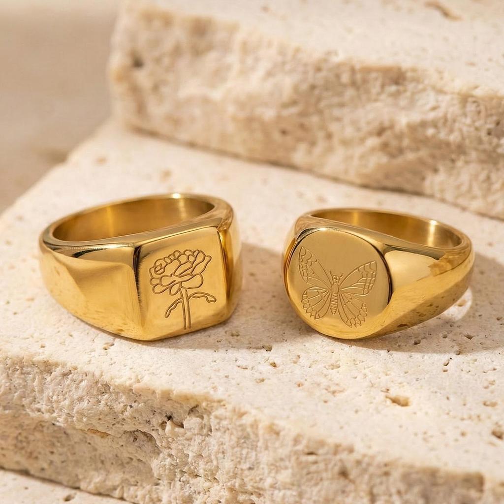 18K Gold Plated Stainless Steel Butterfly & Peony Carved Ring - Elegant European & American Style