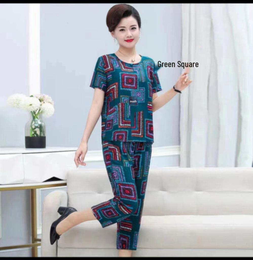 Women's Plus Size Ice Silk Pajama Set: Casual Short Sleeve Two-Piece for Middle-aged and Elderly Moms