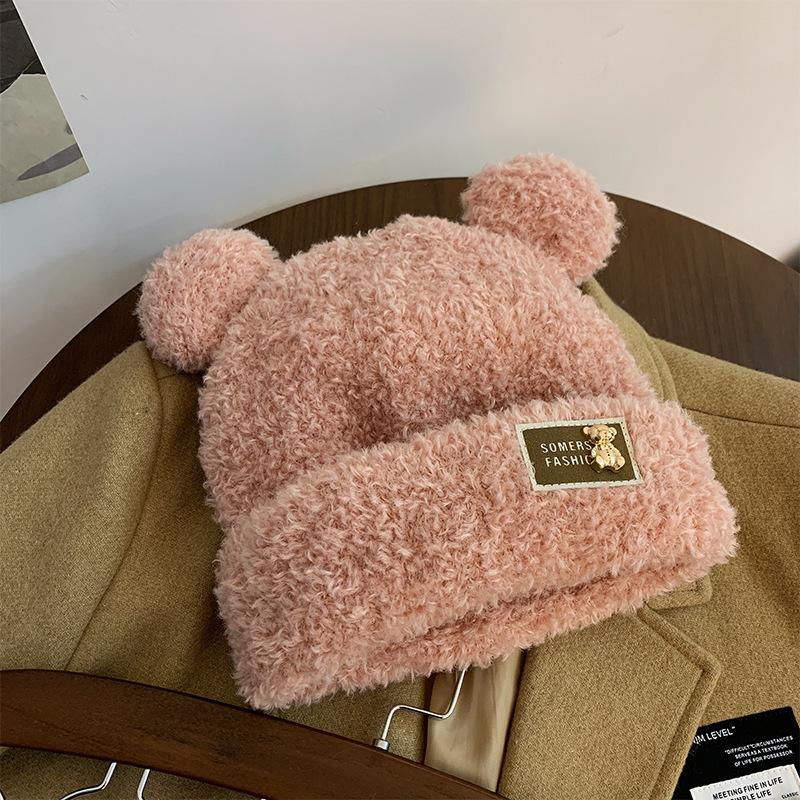 Ears Bear Wool Hat Women's Autumn and Winter Plush Thickened Knitted Hat Cute Niche Cold Hat Women's Winter