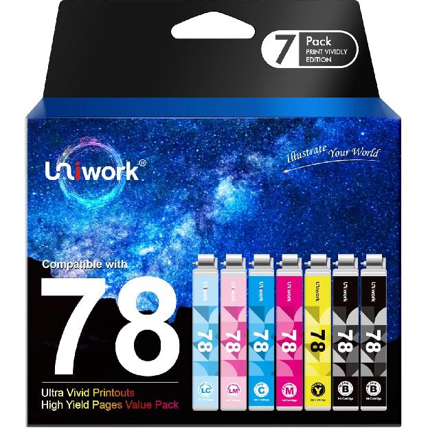 Uniwork 78 Ink Cartridge Remanufactured for Epson 78 T078 Use In Artisan 50 Stylus Photo R260 R280 R380 RX580 RX595 RX680 Printer Tray (7 Pack)
