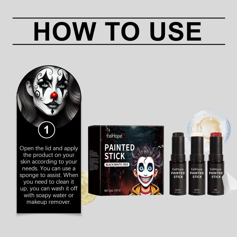 3Pcs Halloween Body Paint Stick Set Clown Themed Costume Kit Makeup Stick Full Face Coverage Body Makeup Paint Stick Set