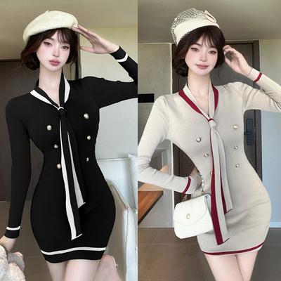Autumn New Temperament Socialite Xiaoxiangfeng Long-sleeved Dress for Women, Waist and Thin Knitted Hip-wrapped Short Skirt for Women