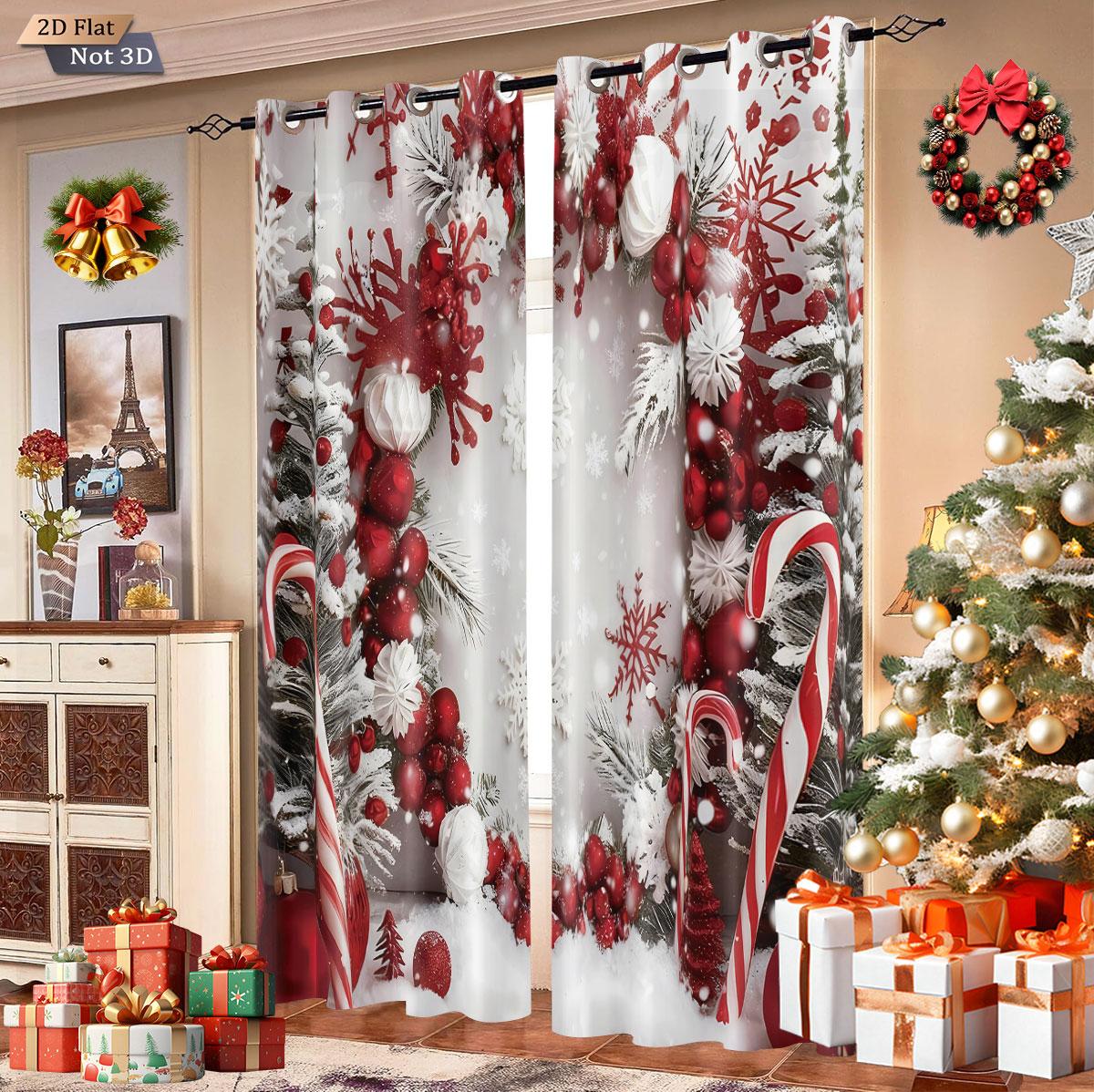 

Set Of 2 Christmas Wreath Print Curtains Multiple Size Living Room Insulation Decoration Easy Install Blackout Made Polyester Machine Washable Area W100*H70(CM)-Hooks&1PCS