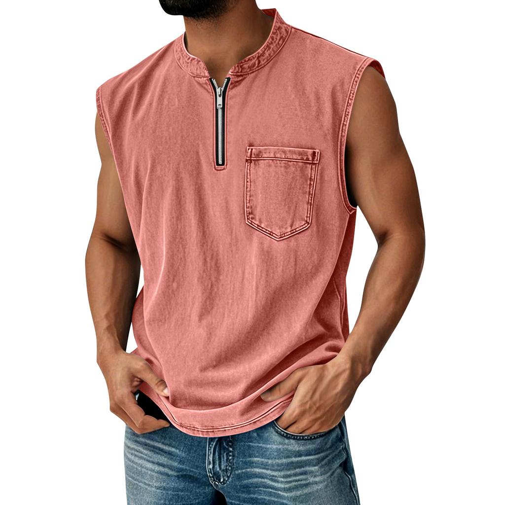 Men Sleeveless Athletic Vest with Zipper Pocket Casual Fit Lightweight Breathable Top for Summer Outdoor Sports