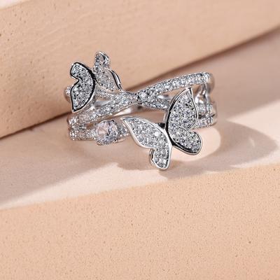 Korean-style Intertwined Double Butterfly Ring with Densely Set Cubic Zirconia Multi-layered, Interwoven, Full-diamond Butterfly Ring for Women