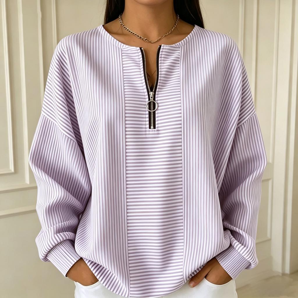 Women Striped Crew Neck Half Zip Loose Fit Long Sleeve Pullover Top Casual Lightweight Comfortable Blouse for Daily Wear